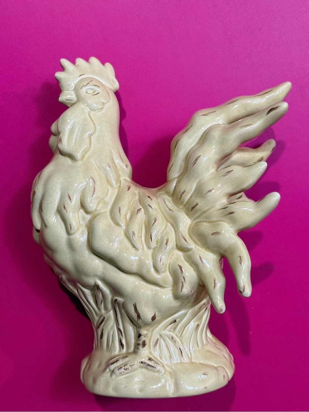 Large Ceramic Rooster Country Farmhouse Decor Cream Yellow Distressed Vintage